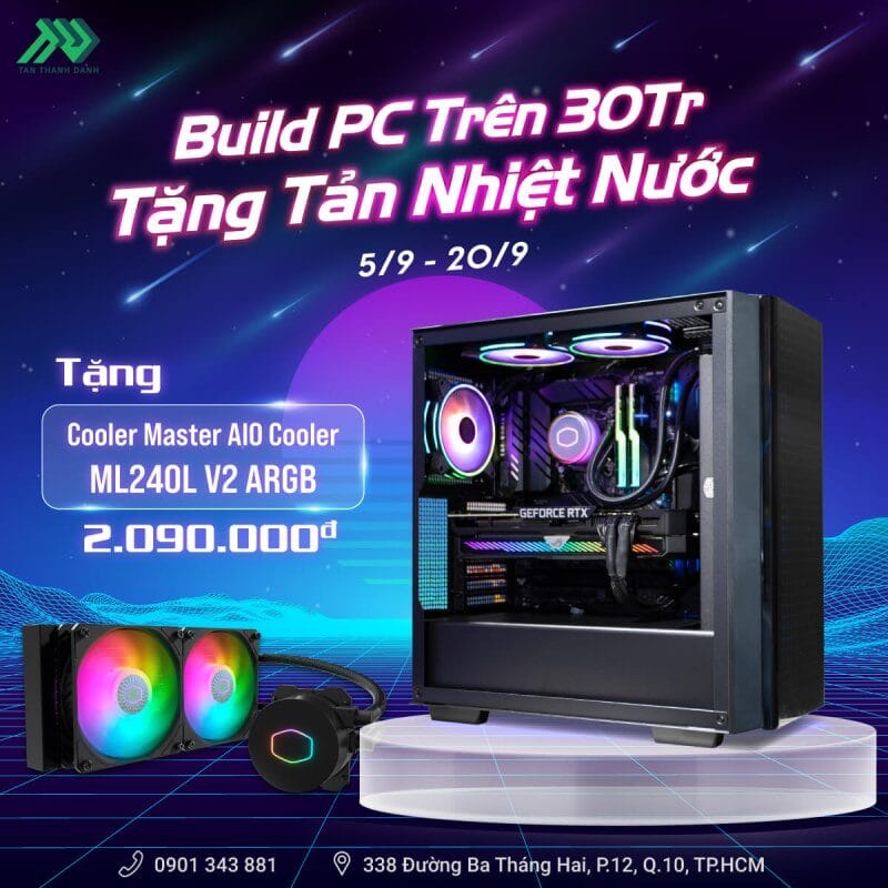 Khuyến Mãi Build PC trên 30 triệu tặng ngay Tản Nhiệt Nước 1 FacebookPost BuildMayT9 30tr