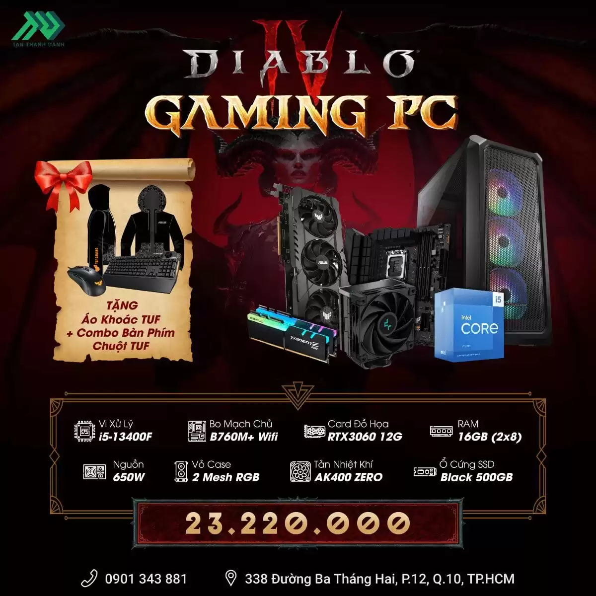 TTD DIABLO GAMING PC - i5-13400F, 16GB RGB, 500GB NVMe, RTX 3060 12G 1 TTD DIABLO GAMING PC - i5-13400F, 16GB RGB, 500GB NVMe, RTX 3060 12G