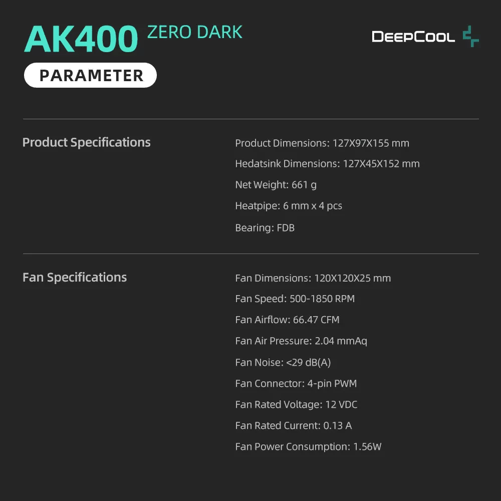 DEEPCOOL AK400 ZERO DARK CPU Air Cooler - 4 heatpipes, FDB fan 7 DEEPCOOL AK400 ZERO DARK CPU Air Cooler - 4 heatpipes, FDB fan - Ảnh 7