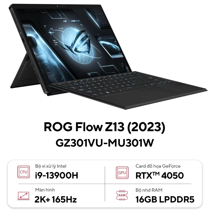 ASUS ROG Flow Z13 (2023) (GZ301VU-MU301W) Touchscreen Gaming Laptop - i9-13900H, 16GB LPDDR5, RTX 4050 6G, 1TB PCIe, 13.4 inch WQXGA IPS 165Hz Touch, 100% DCI-P3, 500nits, Windows 11 Home 1 ASUS ROG Flow Z13 (2023) (GZ301VU-MU301W) Touchscreen Gaming Laptop - i9-13900H, 16GB LPDDR5, RTX 4050 6G, 1TB PCIe, 13.4 inch WQXGA IPS 165Hz Touch, 100% DCI-P3, 500nits, Windows 11 Home