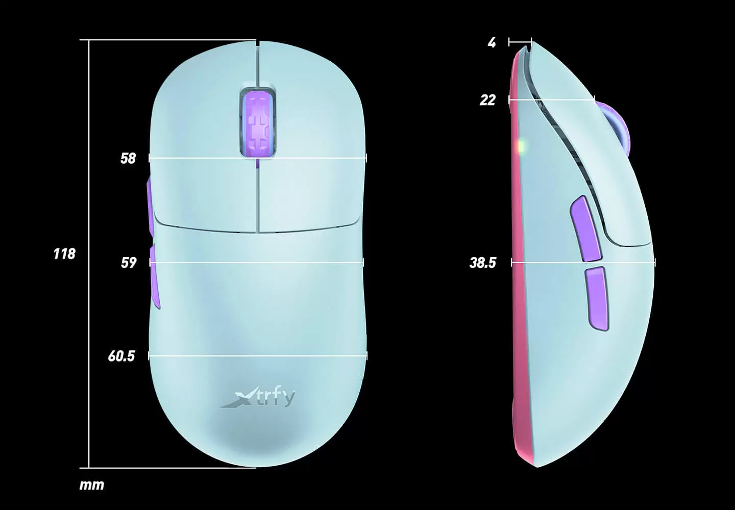 Xtrfy M8 WirelessMint Gaming Mouse size