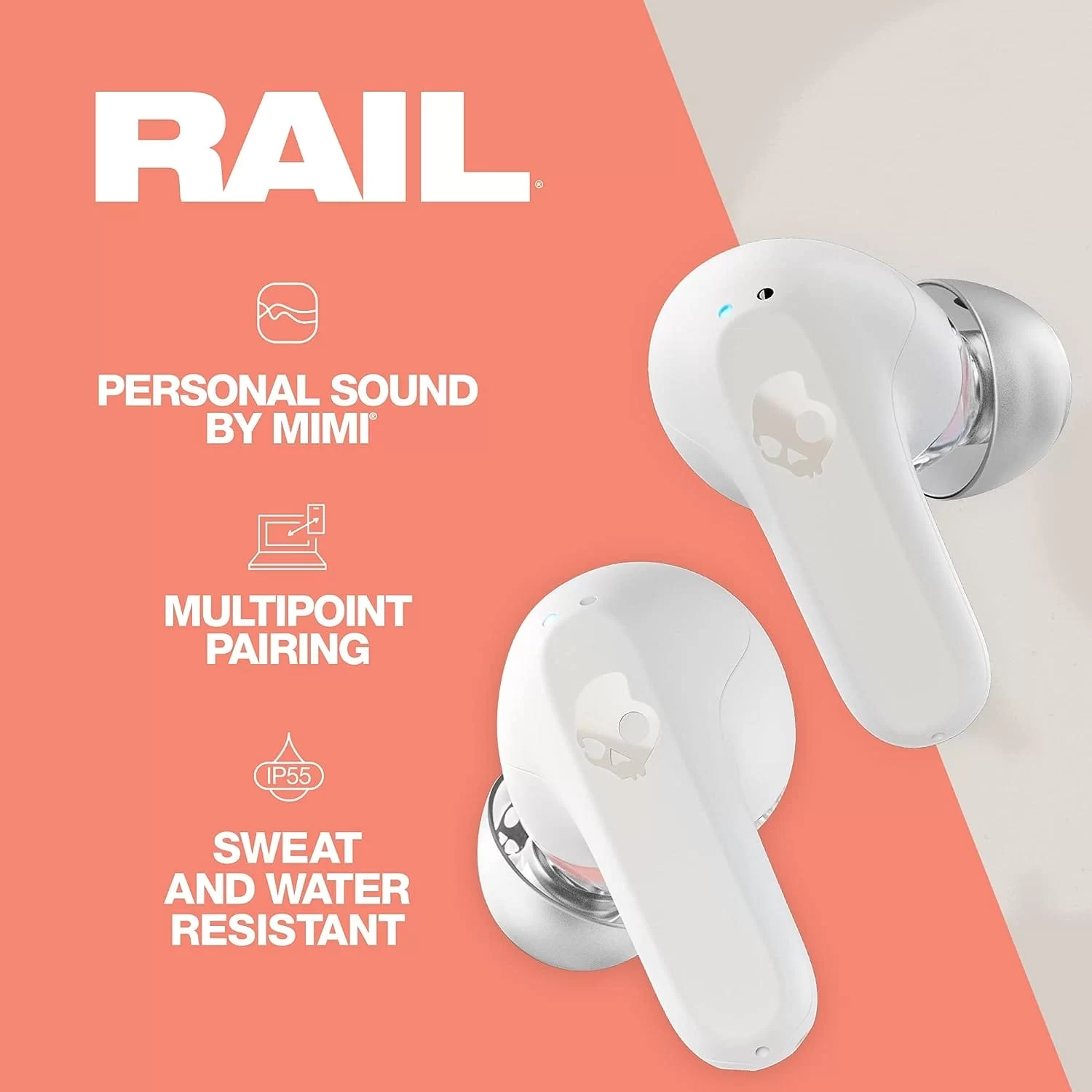 Skullcandy Rail In Ear Wireless Earbuds White 2