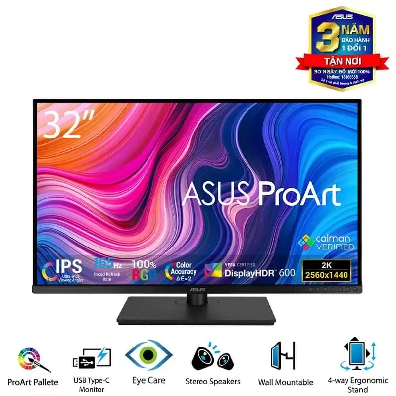 ASUS ProArt Display PA328CGV Professional Monitor - 32 inch, QHD (2560 x 1440), 165 Hz, 95% DCI-P3, 100% sRGB/Rec.709, Color Accuracy ΔE < 2, Calman Verified, USB-C, VESA DisplayHDR 600, FreeSync Premium Pro, C-clamp, Ergonomic Stand 3 ASUS ProArt Display PA328CGV Professional Monitor - 32 inch, QHD (2560 x 1440), 165 Hz, 95% DCI-P3, 100% sRGB/Rec.709, Color Accuracy ΔE < 2, Calman Verified, USB-C, VESA DisplayHDR 600, FreeSync Premium Pro, C-clamp, Ergonomic Stand - Ảnh 3