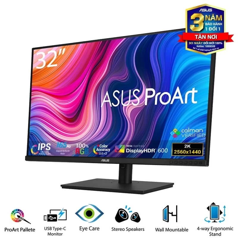 ASUS ProArt Display PA328CGV Professional Monitor - 32 inch, QHD (2560 x 1440), 165 Hz, 95% DCI-P3, 100% sRGB/Rec.709, Color Accuracy ΔE < 2, Calman Verified, USB-C, VESA DisplayHDR 600, FreeSync Premium Pro, C-clamp, Ergonomic Stand 6 ASUS ProArt Display PA328CGV Professional Monitor - 32 inch, QHD (2560 x 1440), 165 Hz, 95% DCI-P3, 100% sRGB/Rec.709, Color Accuracy ΔE < 2, Calman Verified, USB-C, VESA DisplayHDR 600, FreeSync Premium Pro, C-clamp, Ergonomic Stand - Ảnh 6