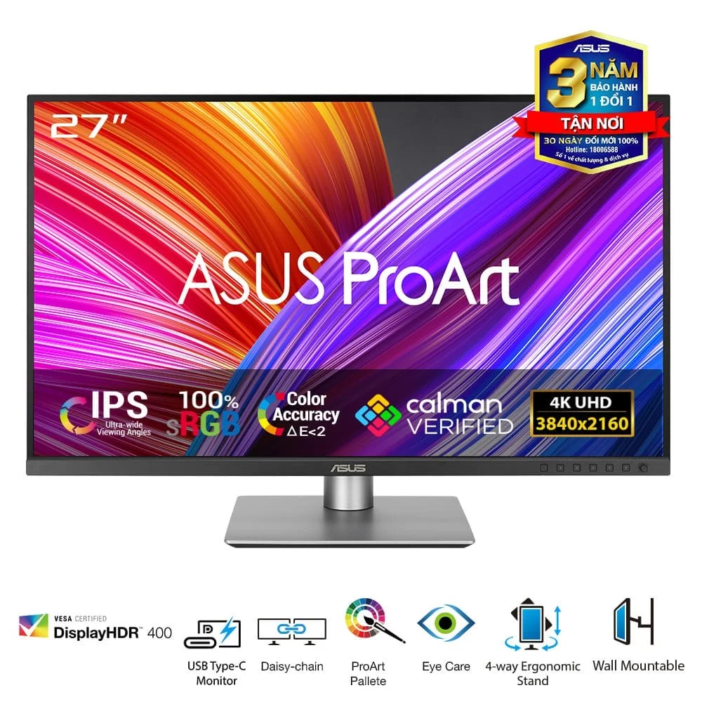ASUS ProArt Display PA279CRV Professional Monitor - 27 inch, IPS, 4K UHD (3840 x 2160), 99% DCI-P3, 99% Adobe RGB, ΔE< 2, Calman Verified, USB-C PD 96W, VESA DisplayHDR 400, VESA MediaSync, Ergonomic Stand, Green Sustainability 3 ASUS ProArt Display PA279CRV Professional Monitor - 27 inch, IPS, 4K UHD (3840 x 2160), 99% DCI-P3, 99% Adobe RGB, ΔE< 2, Calman Verified, USB-C PD 96W, VESA DisplayHDR 400, VESA MediaSync, Ergonomic Stand, Green Sustainability - Ảnh 3
