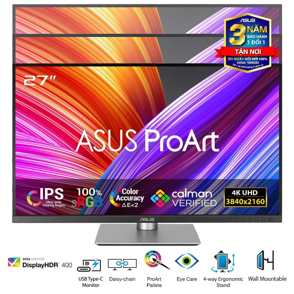 ASUS ProArt Display PA279CRV Professional Monitor - 27 inch, IPS, 4K UHD (3840 x 2160), 99% DCI-P3, 99% Adobe RGB, ΔE< 2, Calman Verified, USB-C PD 96W, VESA DisplayHDR 400, VESA MediaSync, Ergonomic Stand, Green Sustainability 4 ASUS ProArt Display PA279CRV Professional Monitor - 27 inch, IPS, 4K UHD (3840 x 2160), 99% DCI-P3, 99% Adobe RGB, ΔE< 2, Calman Verified, USB-C PD 96W, VESA DisplayHDR 400, VESA MediaSync, Ergonomic Stand, Green Sustainability - Ảnh 4