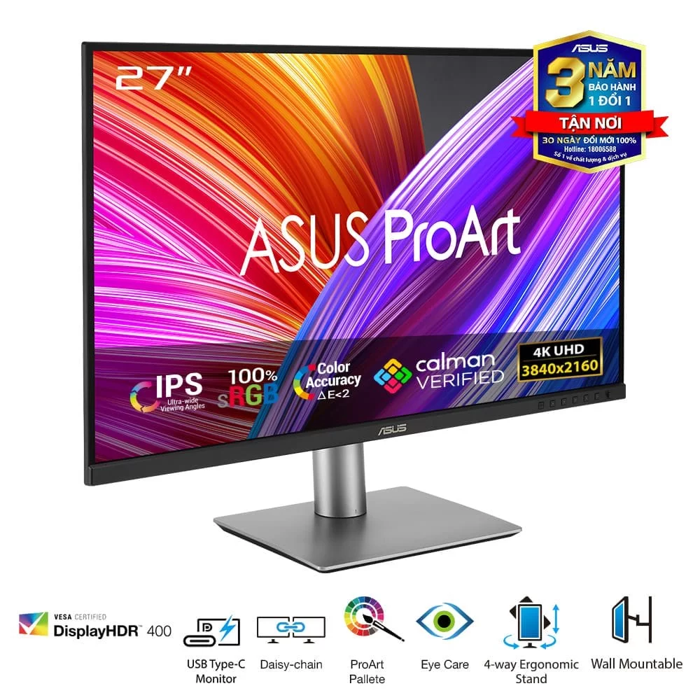 ASUS ProArt Display PA279CRV Professional Monitor - 27 inch, IPS, 4K UHD (3840 x 2160), 99% DCI-P3, 99% Adobe RGB, ΔE< 2, Calman Verified, USB-C PD 96W, VESA DisplayHDR 400, VESA MediaSync, Ergonomic Stand, Green Sustainability 5 ASUS ProArt Display PA279CRV Professional Monitor - 27 inch, IPS, 4K UHD (3840 x 2160), 99% DCI-P3, 99% Adobe RGB, ΔE< 2, Calman Verified, USB-C PD 96W, VESA DisplayHDR 400, VESA MediaSync, Ergonomic Stand, Green Sustainability - Ảnh 5