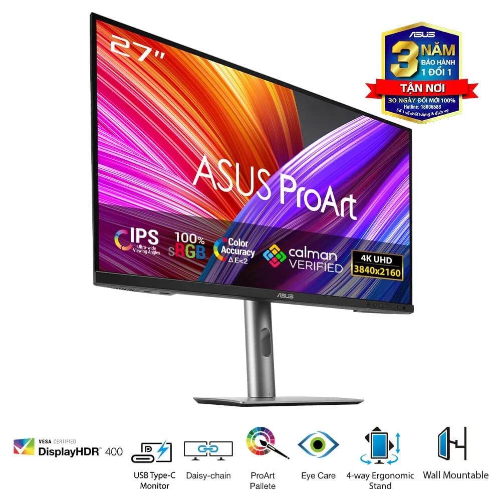 ASUS ProArt Display PA279CRV Professional Monitor - 27 inch, IPS, 4K UHD (3840 x 2160), 99% DCI-P3, 99% Adobe RGB, ΔE< 2, Calman Verified, USB-C PD 96W, VESA DisplayHDR 400, VESA MediaSync, Ergonomic Stand, Green Sustainability 6 ASUS ProArt Display PA279CRV Professional Monitor - 27 inch, IPS, 4K UHD (3840 x 2160), 99% DCI-P3, 99% Adobe RGB, ΔE< 2, Calman Verified, USB-C PD 96W, VESA DisplayHDR 400, VESA MediaSync, Ergonomic Stand, Green Sustainability - Ảnh 6