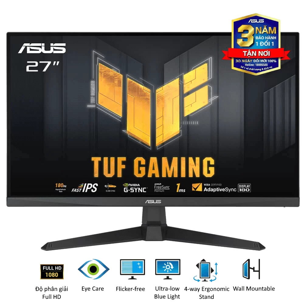 ASUS TUF Gaming VG279Q3A Gaming Monitor - 27 inch, Full HD(1920x1080), 180Hz, Fast IPS, ELMB Sync, 1ms (GTG), FreeSync Premium™, G-Sync compatible, Variable Overdrive, 99% sRGB