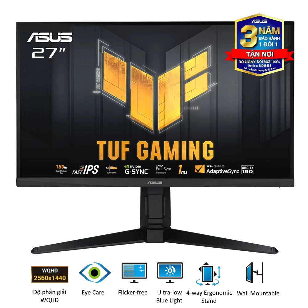 ASUS TUF Gaming VG27AQ3A Gaming Monitor - 27 inch, QHD(2560x1440), 180Hz, Fast IPS, ELMB Sync, 1ms (GTG), Freesync Premium™, tương thích G-Sync, Variable Overdrive, 130% sRGB
