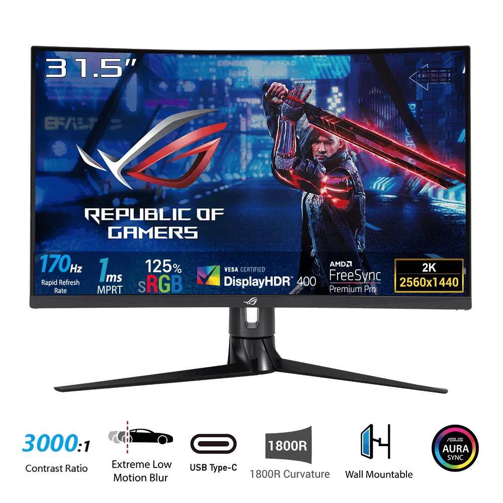 ASUS ROG Strix XG32VC Gaming Monitor  - 31.5 inch WQHD (2560 x 1440), 170Hz * (Over144Hz), 1ms MPRT, Extreme Low Motion Blur Sync, 125% sRGB, FreeSync Premium Pro, DisplayHDR ™ 400