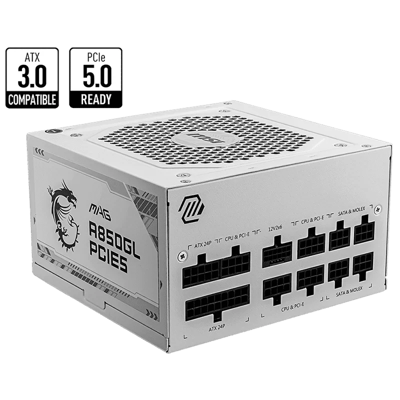 MSI MAG A850GL PCIE5 WHITE PSU - 850W, 80 plus Gold, full-modular, flat cables, Single Rail 1 MSI MAG A850GL PCIE5 WHITE PSU - 850W, 80 plus Gold, full-modular, flat cables, Single Rail