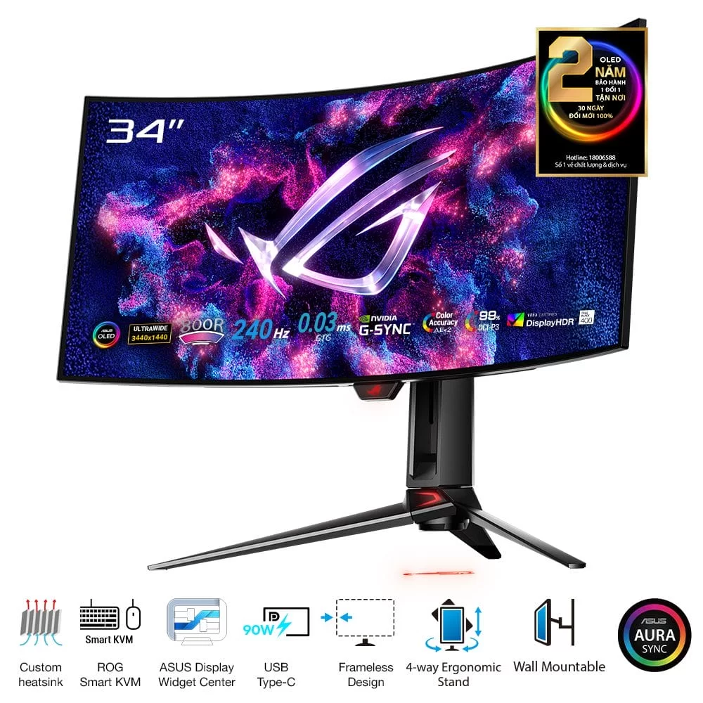ASUS ROG Swift PG34WCDM 240Hz OLED Ultrawide Gaming Monitor - 34 inch Curved, 21:9 WQHD (3440 x 1440), 800R , 450cd/m² 4 ASUS ROG Swift PG34WCDM 240Hz OLED Ultrawide Gaming Monitor - 34 inch Curved, 21:9 WQHD (3440 x 1440), 800R , 450cd/m² - Ảnh 4