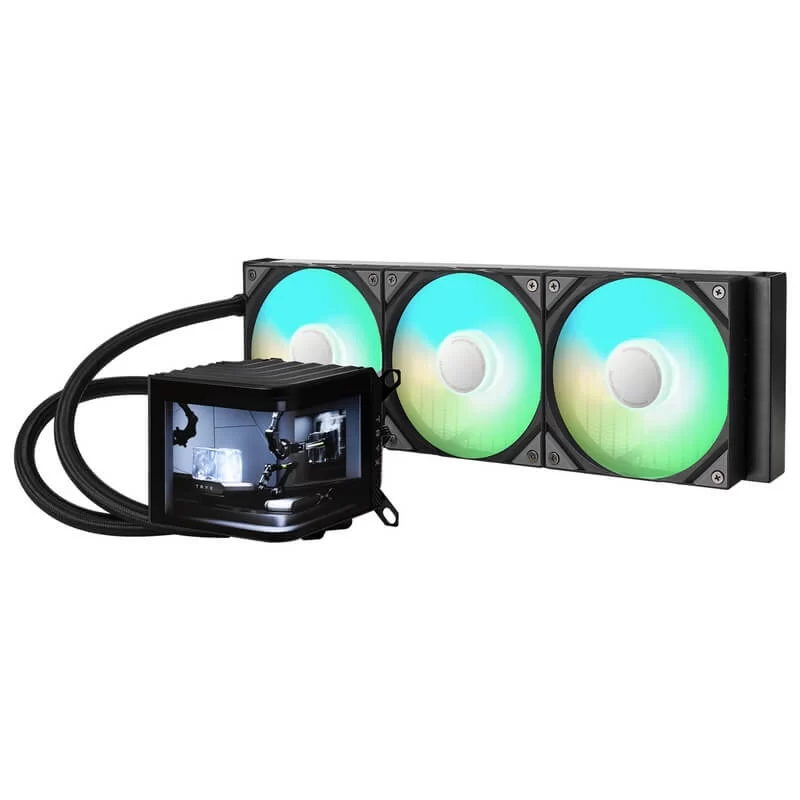 TRYX PANORAMA ARGB 360 BLACK AIO Liquid CPU Cooler - 6.5inch curved screen, 360mm radiator, Asetek 8th gen pump, 3x ROTA ARGB Fans 5 TRYX PANORAMA ARGB 360 BLACK AIO Liquid CPU Cooler - 6.5inch curved screen, 360mm radiator, Asetek 8th gen pump, 3x ROTA ARGB Fans - Ảnh 5
