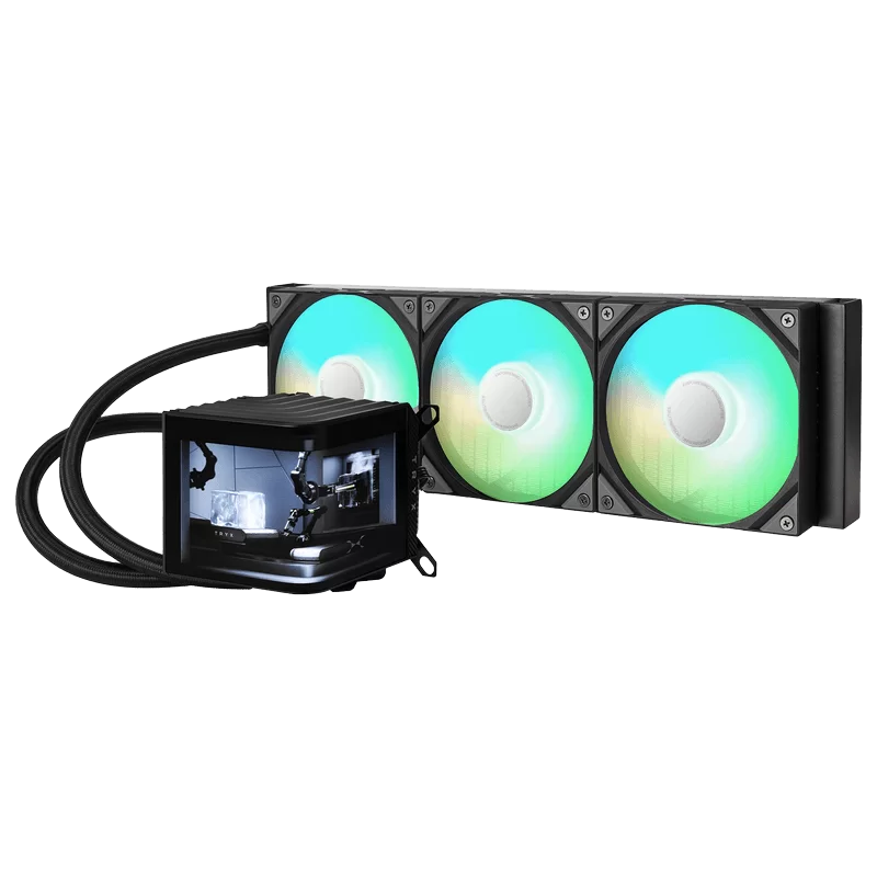 TRYX PANORAMA ARGB 360 BLACK AIO Liquid CPU Cooler - 6.5inch curved screen, 360mm radiator, Asetek 8th gen pump, 3x ROTA ARGB Fans 1 TRYX PANORAMA ARGB 360 BLACK AIO Liquid CPU Cooler - 6.5inch curved screen, 360mm radiator, Asetek 8th gen pump, 3x ROTA ARGB Fans