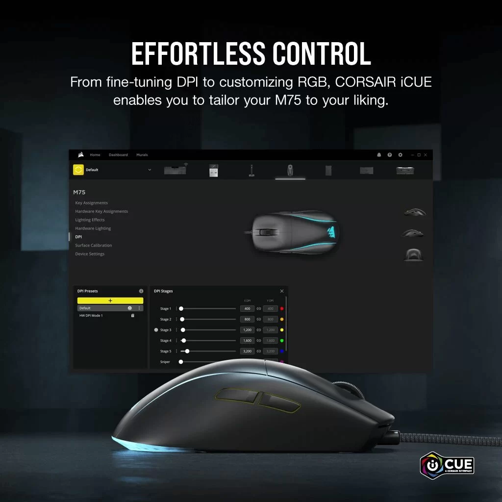 CORSAIR M75 Lightweight RGB Gaming Mouse (AP) - Black, MARKSMAN 26K, Wired USB 2.0 Type-A port connection, iCUE support 11 CORSAIR M75 Lightweight RGB Gaming Mouse (AP) - Black, MARKSMAN 26K, Wired USB 2.0 Type-A port connection, iCUE support - Ảnh 11