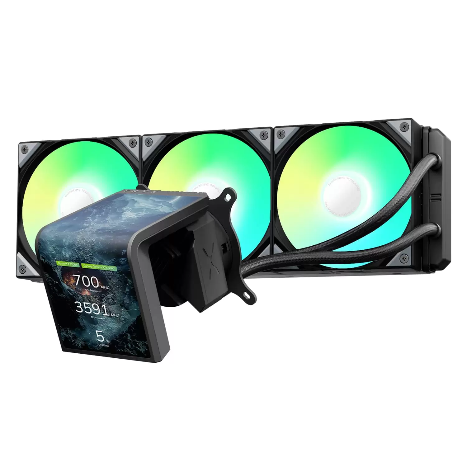 TRYX PANORAMA SE ARGB 360 BLACK AIO Liquid CPU Cooler - 6.5inch curved screen, 360mm radiator, Asetek Adela pump, 3x ARGB Gen2 Fans 8 TRYX PANORAMA SE ARGB 360 BLACK AIO Liquid CPU Cooler - 6.5inch curved screen, 360mm radiator, Asetek Adela pump, 3x ARGB Gen2 Fans - Ảnh 8