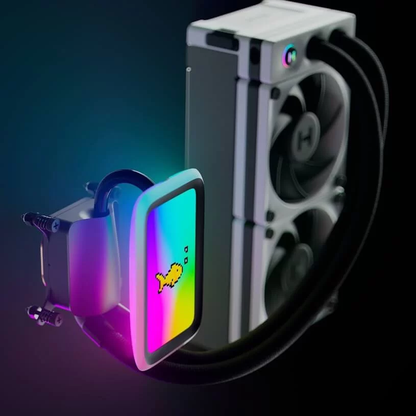 HYTE THICC Q60 Digital LCD Liquid CPU Cooler - White, Dual Pump, 240x52mm Radiator, 5 inch Ultraslim HD-Display 42 Pixel qRGB LEDs 7 HYTE THICC Q60 Digital LCD Liquid CPU Cooler - White, Dual Pump, 240x52mm Radiator, 5 inch Ultraslim HD-Display 42 Pixel qRGB LEDs - Ảnh 7