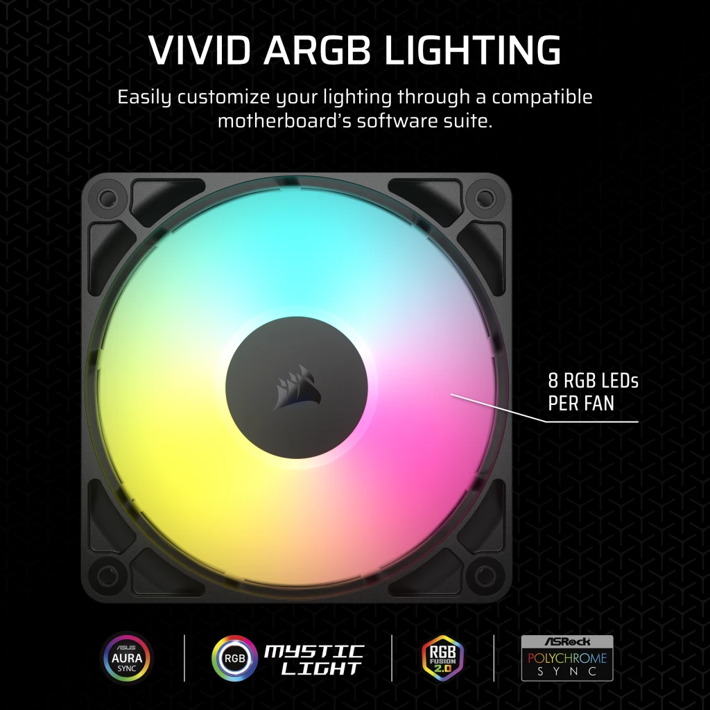 CORSAIR RS120 ARGB Single Pack Black (CO-9050180-WW) Fans - 1x120mm 2100RPM Static Pressure RGB Fan, Daisy Chain 4 Pin PWM, +5V ARGB Connections 7 CORSAIR RS120 ARGB Single Pack Black (CO-9050180-WW) Fans - 1x120mm 2100RPM Static Pressure RGB Fan, Daisy Chain 4 Pin PWM, +5V ARGB Connections - Ảnh 7