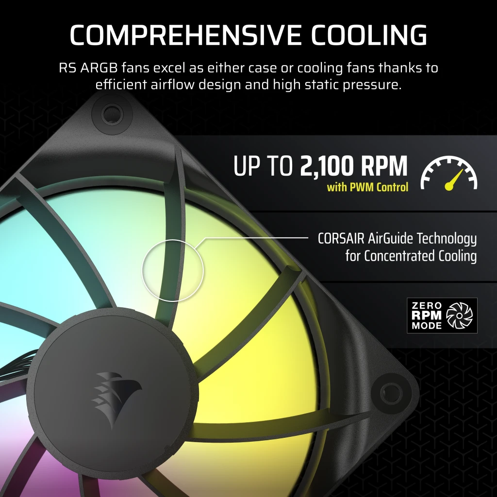 CORSAIR RS120 ARGB Single Pack Black (CO-9050180-WW) Fans - 1x120mm 2100RPM Static Pressure RGB Fan, Daisy Chain 4 Pin PWM, +5V ARGB Connections 9 CORSAIR RS120 ARGB Single Pack Black (CO-9050180-WW) Fans - 1x120mm 2100RPM Static Pressure RGB Fan, Daisy Chain 4 Pin PWM, +5V ARGB Connections - Ảnh 9