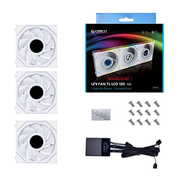 Lian Li UNI FAN TL LCD 120 Reverse Blade Triple White Fan (12RTLLCD3W) - 3x 120mm fans, 1x UNI FAN Controller Cable (P-7P) 3 Lian Li UNI FAN TL LCD 120 Reverse Blade Triple White Fan (12RTLLCD3W) - 3x 120mm fans, 1x UNI FAN Controller Cable (P-7P) - Ảnh 3