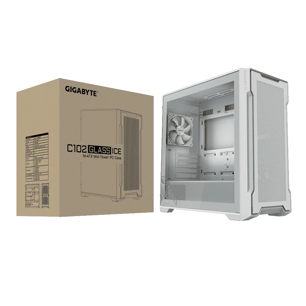 GIGABYTE C102 GLASS ICE Mid-Tower Case - M-ATX, White, 2x 120mm fan included 8 GIGABYTE C102 GLASS ICE Mid-Tower Case - M-ATX, White, 2x 120mm fan included - Ảnh 8
