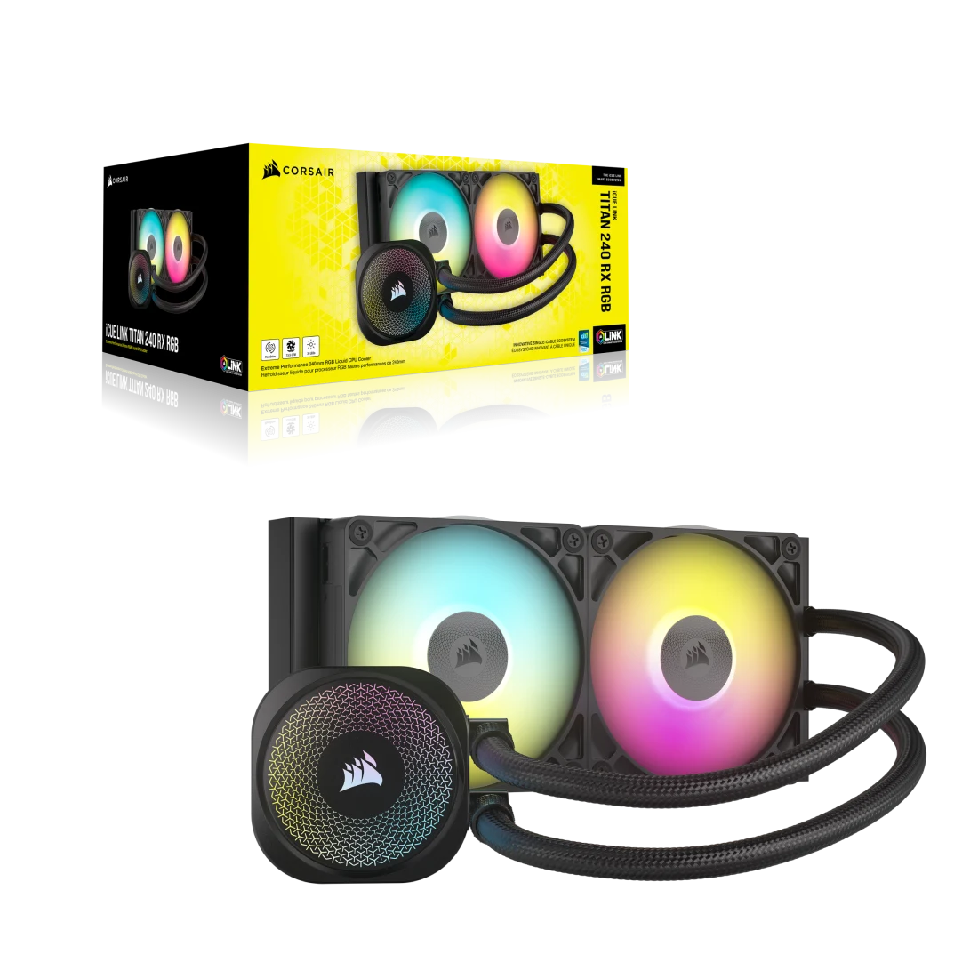 CORSAIR iCUE LINK TITAN 240 RX RGB AIO Liquid CPU Cooler (CW-9061016-WW) - Black, 240mm radiator, 2x 120mm RX120 RGB fans, iCUE LINK System Hub included 3 CORSAIR iCUE LINK TITAN 240 RX RGB AIO Liquid CPU Cooler (CW-9061016-WW) - Black, 240mm radiator, 2x 120mm RX120 RGB fans, iCUE LINK System Hub included - Ảnh 3