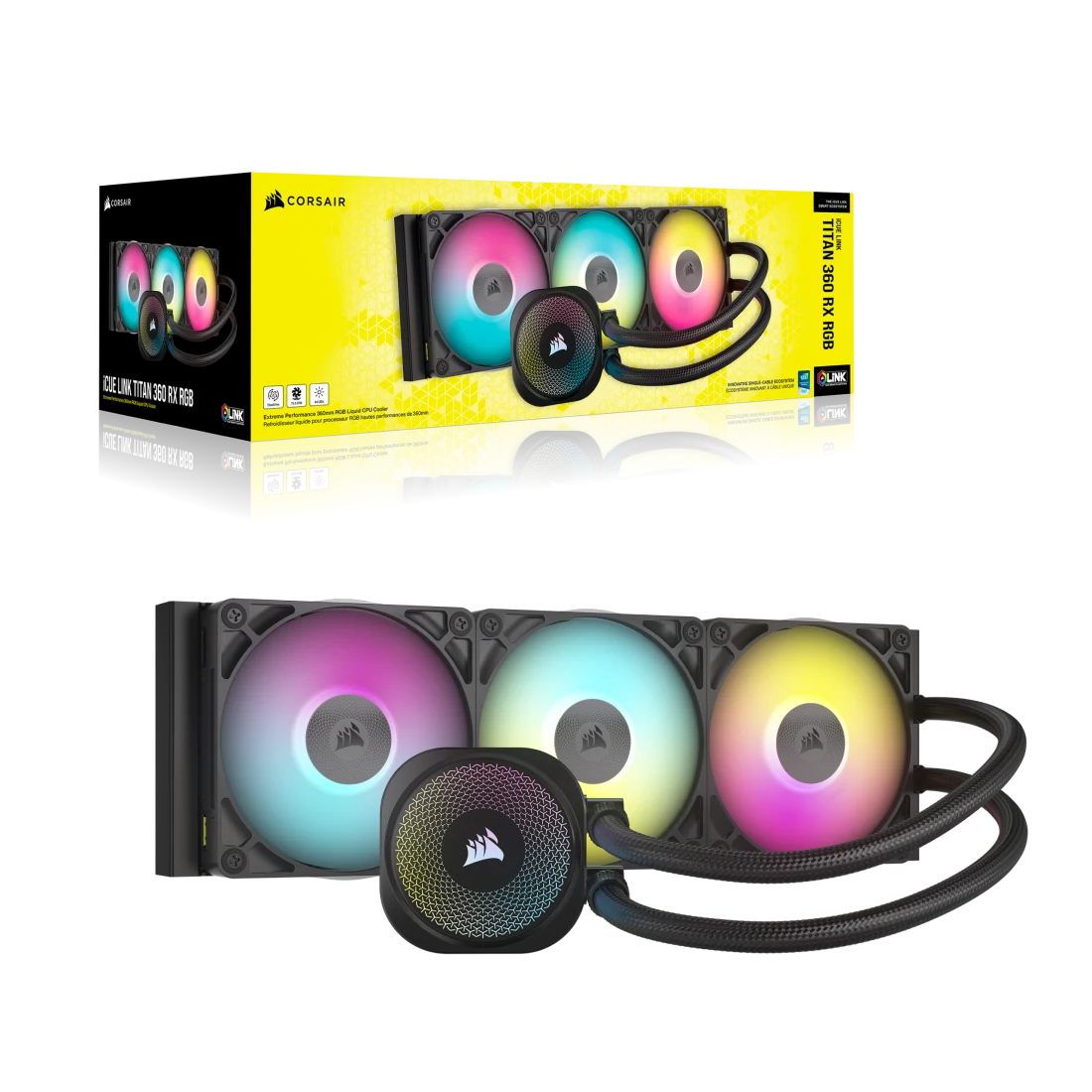 CORSAIR iCUE LINK TITAN 360 RX RGB AIO Liquid CPU Cooler (CW-9061018-WW) - Black, 360mm radiator, 3x 120mm RX120 RGB fans, iCUE LINK System Hub included 2 CORSAIR iCUE LINK TITAN 360 RX RGB AIO Liquid CPU Cooler (CW-9061018-WW) - Black, 360mm radiator, 3x 120mm RX120 RGB fans, iCUE LINK System Hub included - Ảnh 2