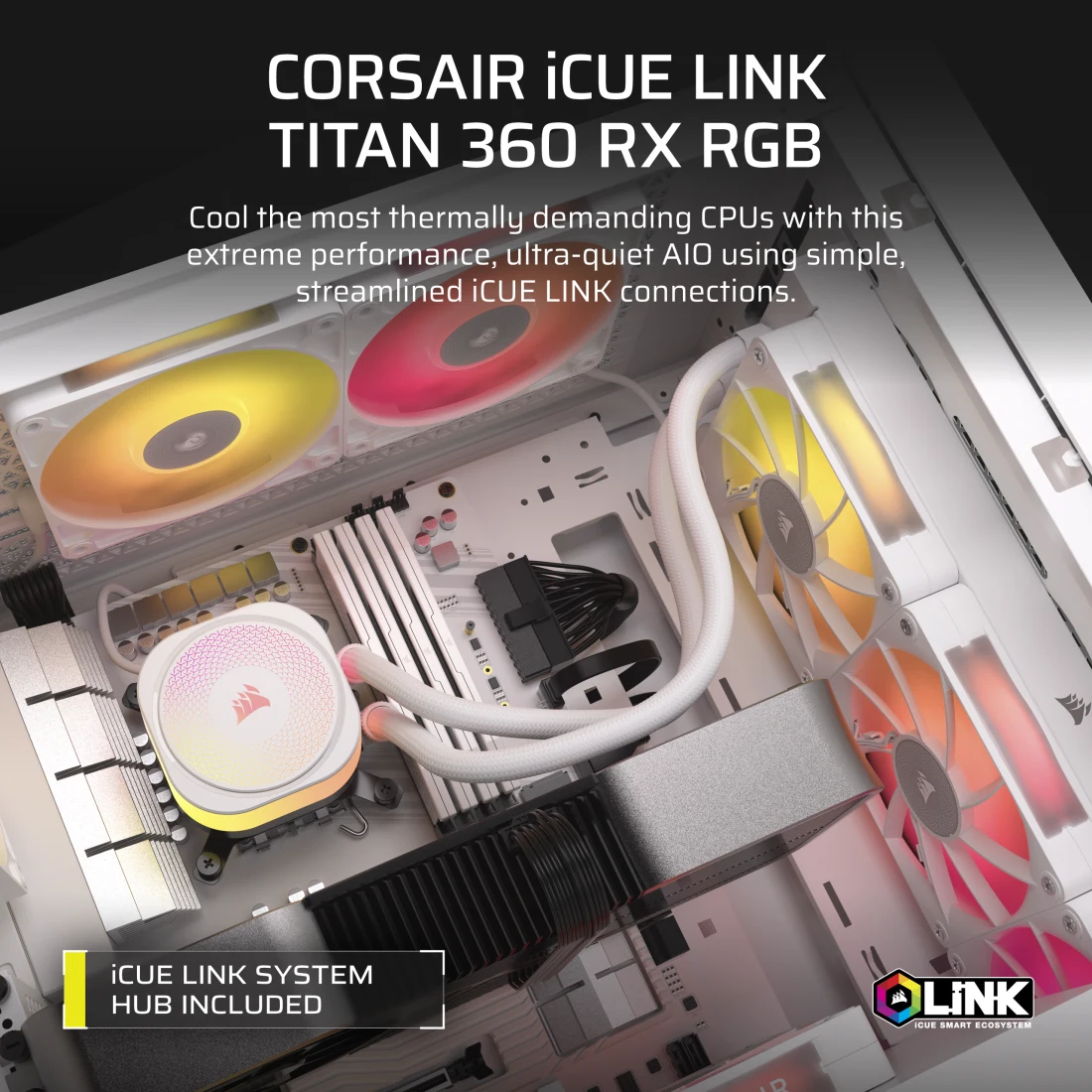 CORSAIR iCUE LINK TITAN 360 RX RGB AIO Liquid CPU Cooler (CW-9061021-WW) - White, 360mm radiator, 3x 120mm RX120 RGB fans, iCUE LINK System Hub included 6 CORSAIR iCUE LINK TITAN 360 RX RGB AIO Liquid CPU Cooler (CW-9061021-WW) - White, 360mm radiator, 3x 120mm RX120 RGB fans, iCUE LINK System Hub included - Ảnh 6