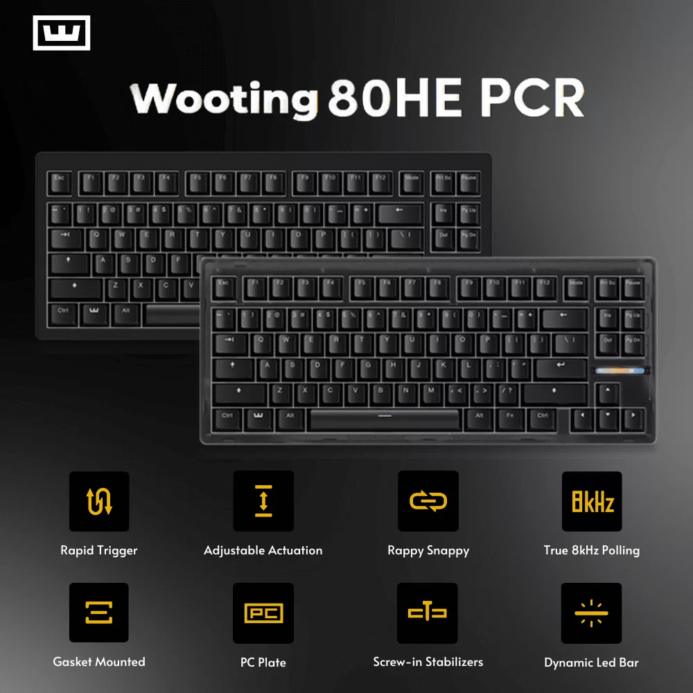 Wooting 80HE PCR Lekker V2 L60 switches Gaming Keyboard - LED bar, Rapid Trigger, True 8kHz Polling, Gasket Mounted, PC Plate, Screw-in Stabilizers 1 Wooting 80HE PCR Lekker V2 L60 switches Gaming Keyboard - LED bar, Rapid Trigger, True 8kHz Polling, Gasket Mounted, PC Plate, Screw-in Stabilizers