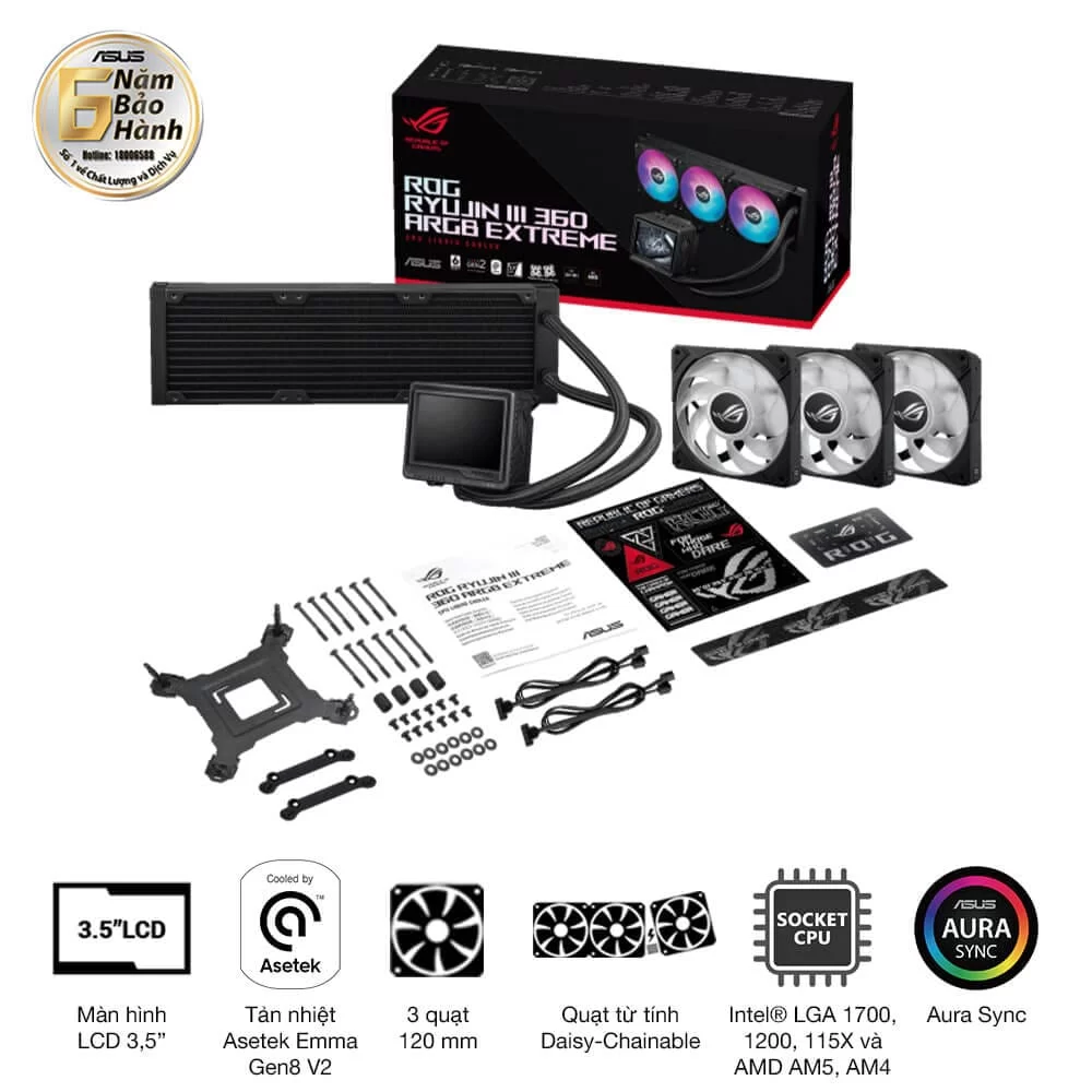 ASUS ROG Ryujin III 360 ARGB Extreme AIO Liquid CPU Cooler - 3.5 inch (640 x 480) LCD Display, 360mm radiator, Asetek Emma Gen8 V2 pump, 3x ROG 120mm ARGB Fans 14 ASUS ROG Ryujin III 360 ARGB Extreme AIO Liquid CPU Cooler - 3.5 inch (640 x 480) LCD Display, 360mm radiator, Asetek Emma Gen8 V2 pump, 3x ROG 120mm ARGB Fans - Ảnh 14