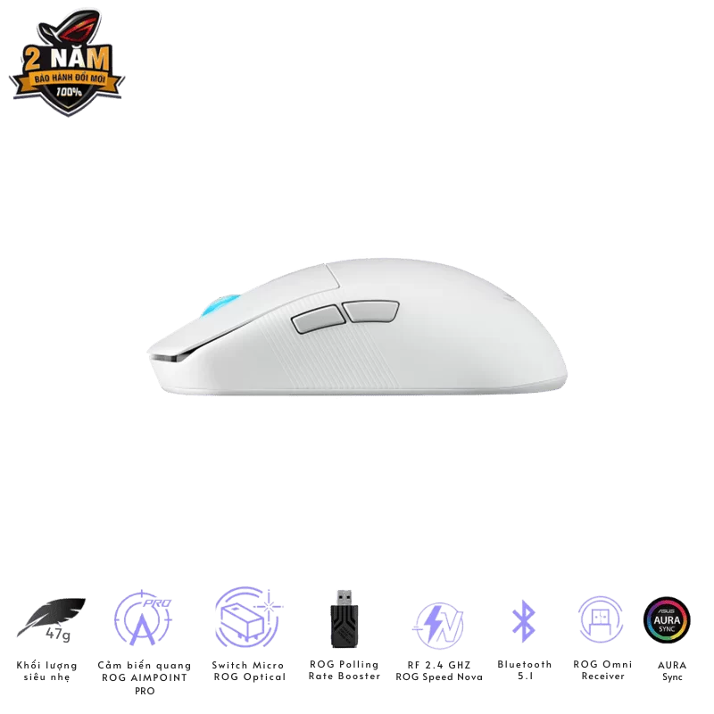 ASUS ROG Harpe Ace Mini White Gaming Mouse - 49g ultra-lightweight, Wireless 2.4GHz RF, Bluetooth, Wired, 42K DPI Sensor 2 ASUS ROG Harpe Ace Mini White Gaming Mouse - 49g ultra-lightweight, Wireless 2.4GHz RF, Bluetooth, Wired, 42K DPI Sensor - Ảnh 2