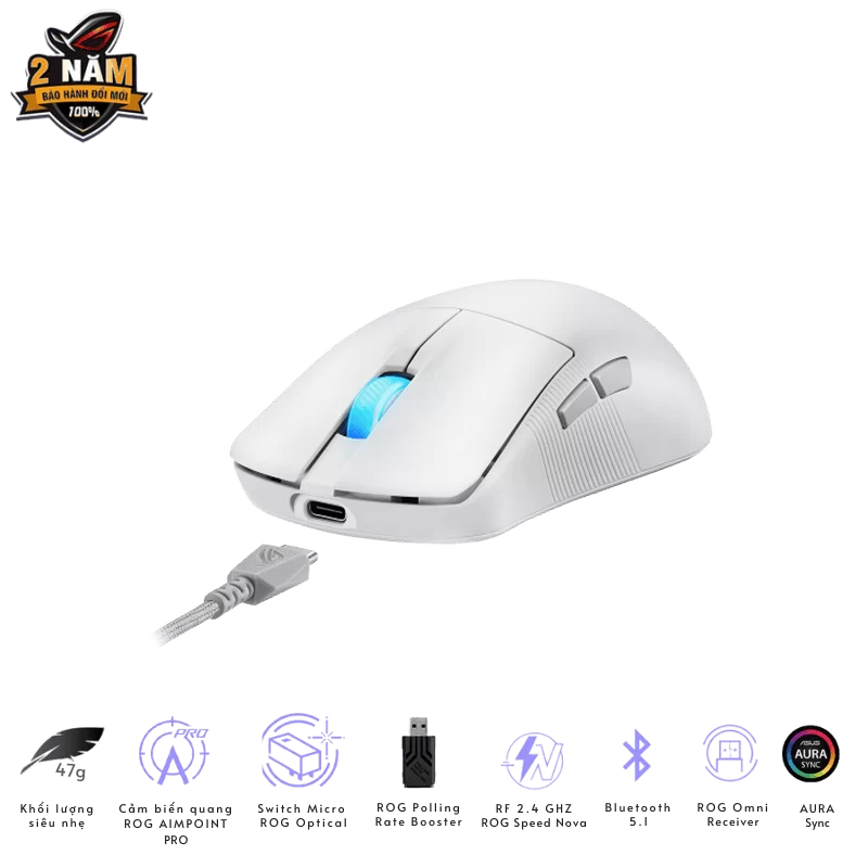 ASUS ROG Harpe Ace Mini White Gaming Mouse - 49g ultra-lightweight, Wireless 2.4GHz RF, Bluetooth, Wired, 42K DPI Sensor 4 ASUS ROG Harpe Ace Mini White Gaming Mouse - 49g ultra-lightweight, Wireless 2.4GHz RF, Bluetooth, Wired, 42K DPI Sensor - Ảnh 4
