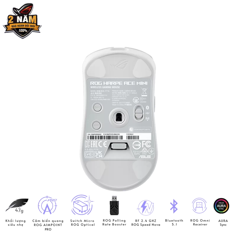 ASUS ROG Harpe Ace Mini White Gaming Mouse - 49g ultra-lightweight, Wireless 2.4GHz RF, Bluetooth, Wired, 42K DPI Sensor 5 ASUS ROG Harpe Ace Mini White Gaming Mouse - 49g ultra-lightweight, Wireless 2.4GHz RF, Bluetooth, Wired, 42K DPI Sensor - Ảnh 5