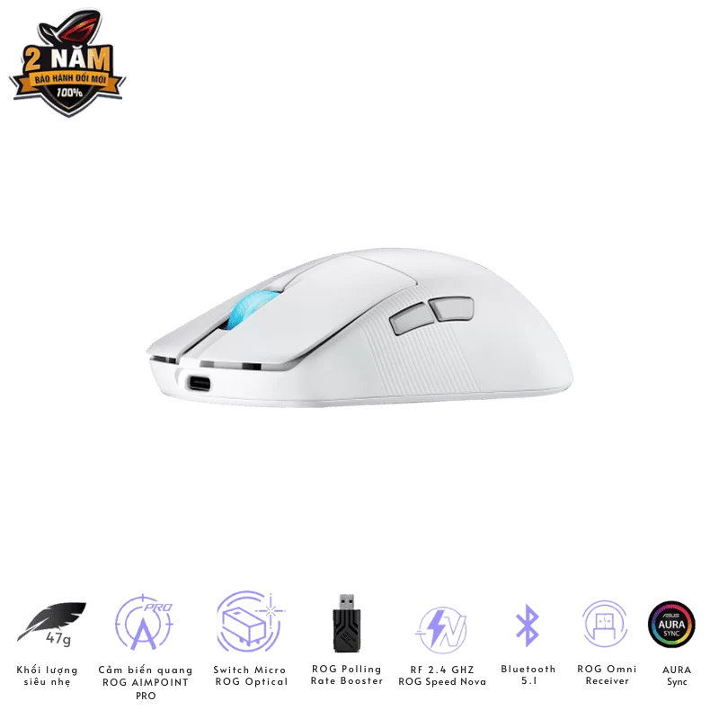 ASUS ROG Harpe Ace Mini White Gaming Mouse - 49g ultra-lightweight, Wireless 2.4GHz RF, Bluetooth, Wired, 42K DPI Sensor 7 ASUS ROG Harpe Ace Mini White Gaming Mouse - 49g ultra-lightweight, Wireless 2.4GHz RF, Bluetooth, Wired, 42K DPI Sensor - Ảnh 7
