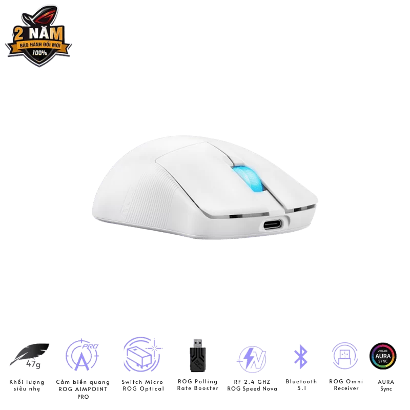 ASUS ROG Harpe Ace Mini White Gaming Mouse - 49g ultra-lightweight, Wireless 2.4GHz RF, Bluetooth, Wired, 42K DPI Sensor 8 ASUS ROG Harpe Ace Mini White Gaming Mouse - 49g ultra-lightweight, Wireless 2.4GHz RF, Bluetooth, Wired, 42K DPI Sensor - Ảnh 8