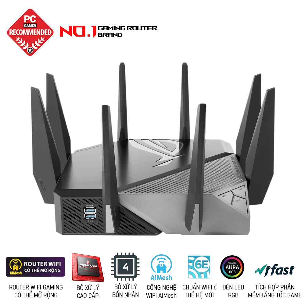 ASUS ROG Rapture GT-AXE11000 WiFi Gaming Router - Tri-Band 10 Gigabit, WiFi 6E, 1.8GHz Q 2 ASUS ROG Rapture GT-AXE11000 WiFi Gaming Router - Tri-Band 10 Gigabit, WiFi 6E, 1.8GHz Q - Ảnh 2