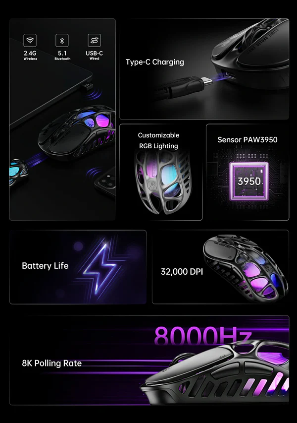 gravastar Mercury X Pro 8K Wireless Gaming Mouse customizable profiles onboard memory