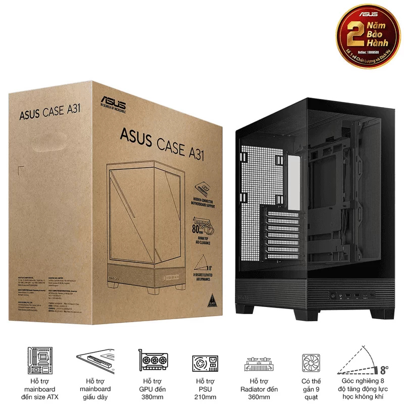 ASUS A31 Black ATX Mid-Tower Case - BTF Hidden Connectors, 8° Angled Base, Dual-Sided Tempered Glass 2 ASUS A31 Black ATX Mid-Tower Case - BTF Hidden Connectors, 8° Angled Base, Dual-Sided Tempered Glass - Ảnh 2