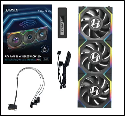 Lian Li UNI FAN SL Wireless LCD 120 Triple Black Fan (12SLLCD1W3B) - 3x 120mm fans, 1.6" LCD Display, 2.4 GHz Wireless Signal for RGB & Fan Control 2 Lian Li UNI FAN SL Wireless LCD 120 Triple Black Fan (12SLLCD1W3B) - 3x 120mm fans, 1.6" LCD Display, 2.4 GHz Wireless Signal for RGB & Fan Control - Ảnh 2