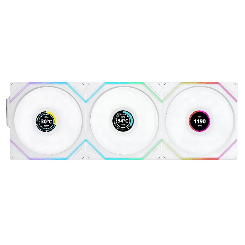Lian Li UNI FAN TL120 LCD Wireless Triple White Fan (12TLLCD1W3W) - 3x 120mm fans, 2.4 GHz Wireless Signal for RGB & Fan Control