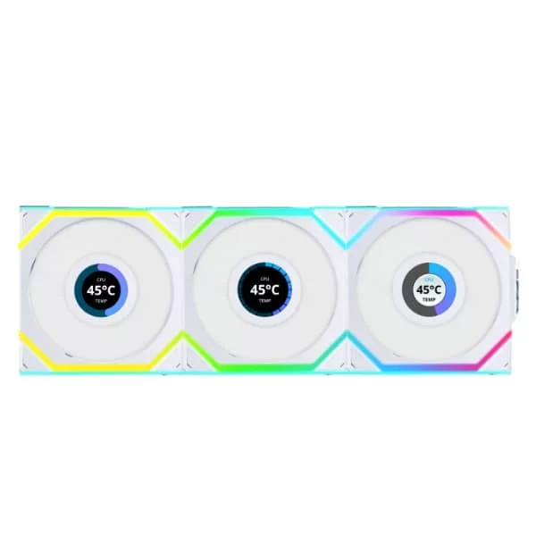 Lian Li UNI FAN SL Wireless LCD 120 Triple White Fan (12SLLCD1W3W) - 3x 120mm fans, 1.6" LCD Display, 2.4 GHz Wireless Signal for RGB & Fan Control 2 Lian Li UNI FAN SL Wireless LCD 120 Triple White Fan (12SLLCD1W3W) - 3x 120mm fans, 1.6" LCD Display, 2.4 GHz Wireless Signal for RGB & Fan Control - Ảnh 2
