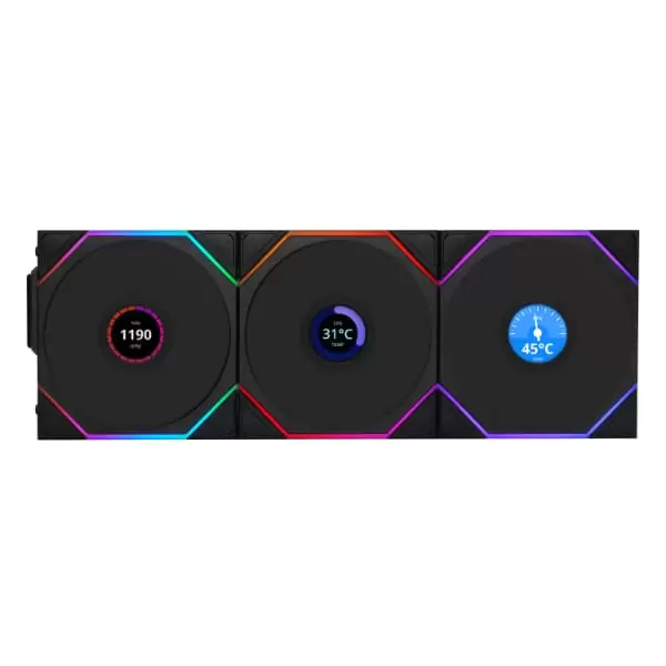 Lian Li UNI FAN TL120 LCD Wireless Reverse Blade Triple Black Fan (12RTLLCD1W3B) - 3x 120mm fans, 2.4 GHz Wireless Signal for RGB & Fan Control 4 Lian Li UNI FAN TL120 LCD Wireless Reverse Blade Triple Black Fan (12RTLLCD1W3B) - 3x 120mm fans, 2.4 GHz Wireless Signal for RGB & Fan Control - Ảnh 4