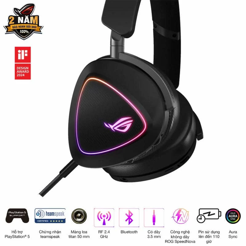 ASUS ROG Delta II Black Wireless Gaming - 50mm Titanium Drivers, Bluetooth + 2.4 GHz + 3.5 mm 3 ASUS ROG Delta II Black Wireless Gaming - 50mm Titanium Drivers, Bluetooth + 2.4 GHz + 3.5 mm - Ảnh 3