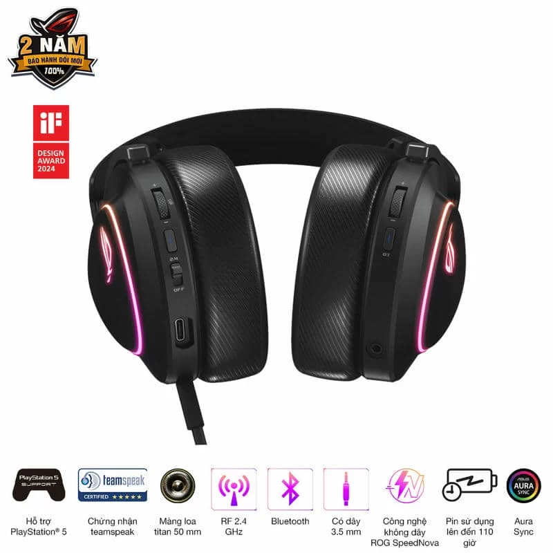 ASUS ROG Delta II Black Wireless Gaming - 50mm Titanium Drivers, Bluetooth + 2.4 GHz + 3.5 mm 5 ASUS ROG Delta II Black Wireless Gaming - 50mm Titanium Drivers, Bluetooth + 2.4 GHz + 3.5 mm - Ảnh 5