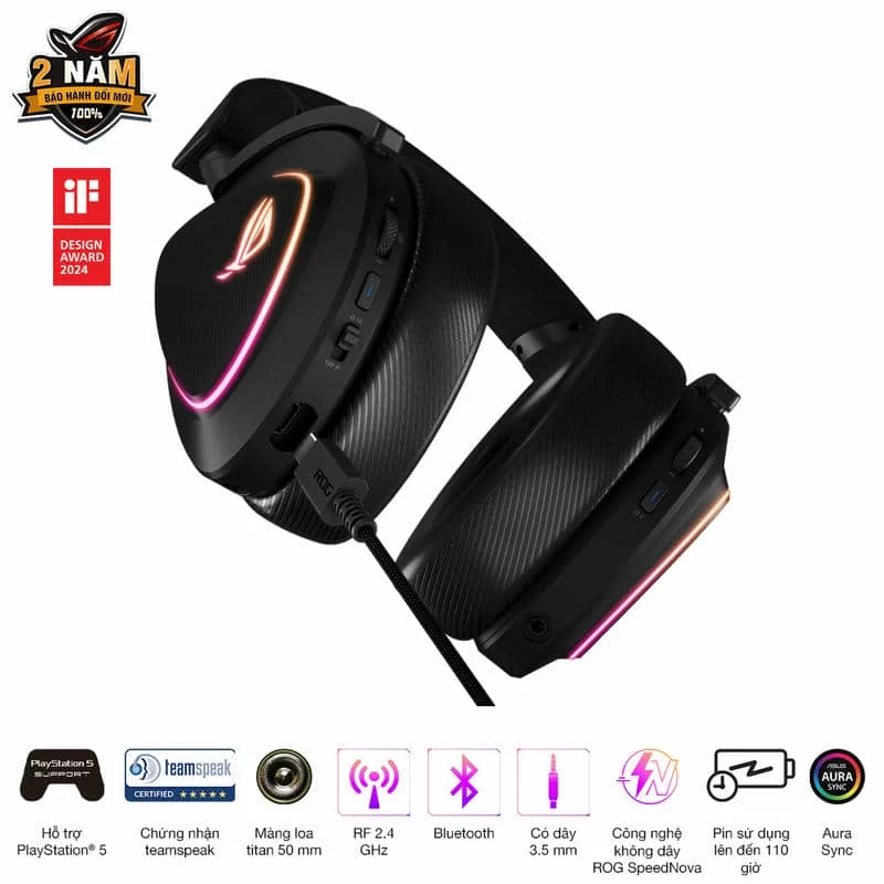 ASUS ROG Delta II Black Wireless Gaming - 50mm Titanium Drivers, Bluetooth + 2.4 GHz + 3.5 mm 6 ASUS ROG Delta II Black Wireless Gaming - 50mm Titanium Drivers, Bluetooth + 2.4 GHz + 3.5 mm - Ảnh 6
