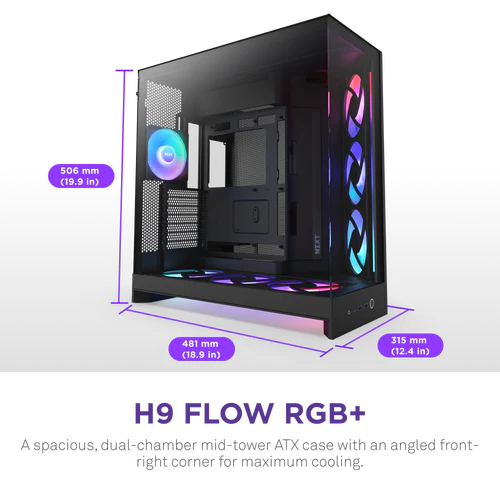 NZXT H9 Flow RGB+ Black Large Dual-Chamber Mid-Tower ATX Airflow Case - Control Hub includes 2 NZXT H9 Flow RGB+ Black Large Dual-Chamber Mid-Tower ATX Airflow Case - Control Hub includes - Ảnh 2