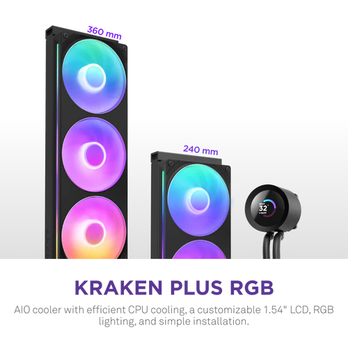 NZXT Kraken Plus 360 RGB V2 Black AIO Liquid CPU Cooler - 1.54 inch LCD, 360mm radiator, F360 RGB Core (EV) Fan 2 NZXT Kraken Plus 360 RGB V2 Black AIO Liquid CPU Cooler - 1.54 inch LCD, 360mm radiator, F360 RGB Core (EV) Fan - Ảnh 2