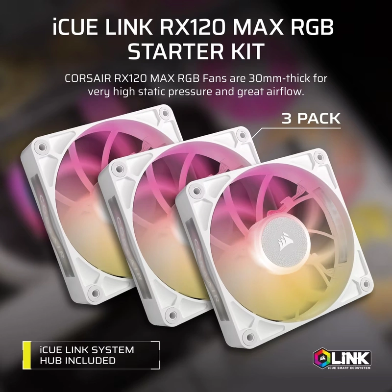 CORSAIR iCUE LINK RX120 MAX RGB White 120mm PWM Thick Fans Starter Kit Fans - 3x 120mm PWM Fan, iCUE LINK System Hub included 6 CORSAIR iCUE LINK RX120 MAX RGB White 120mm PWM Thick Fans Starter Kit Fans - 3x 120mm PWM Fan, iCUE LINK System Hub included - Ảnh 6