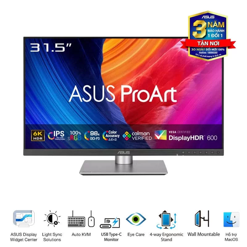 ASUS ProArt PA32QCV Professional Monitor - 32” IPS, 16:9, UHD 6K (6016 x 3384), ΔE < 2, Calman Verified, USB-C 96W, 60Hz, Ergonomic Stand 3 ASUS ProArt PA32QCV Professional Monitor - 32” IPS, 16:9, UHD 6K (6016 x 3384), ΔE < 2, Calman Verified, USB-C 96W, 60Hz, Ergonomic Stand - Ảnh 3